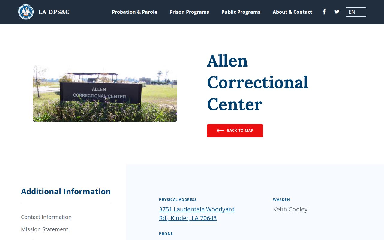 Allen Correctional Center release planning and state prison records page