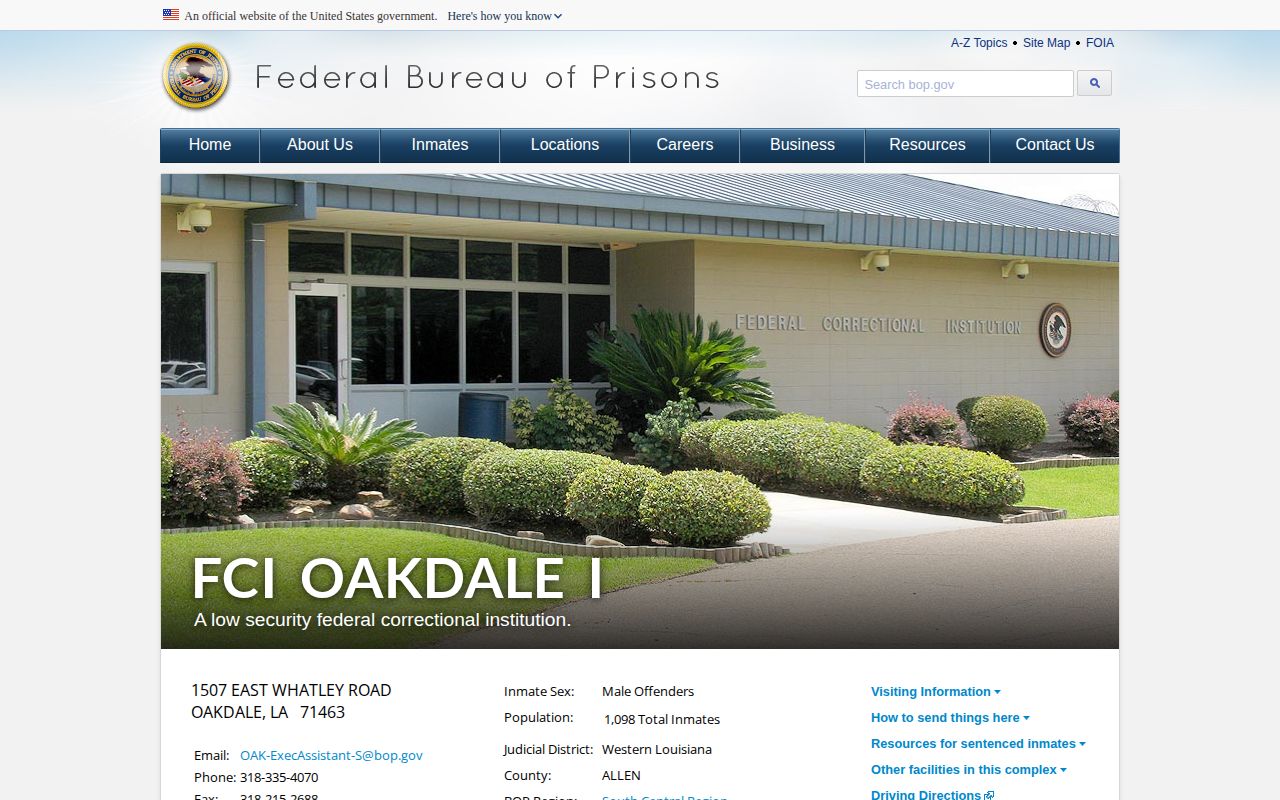 FCI Oakdale I federal release search and facility page